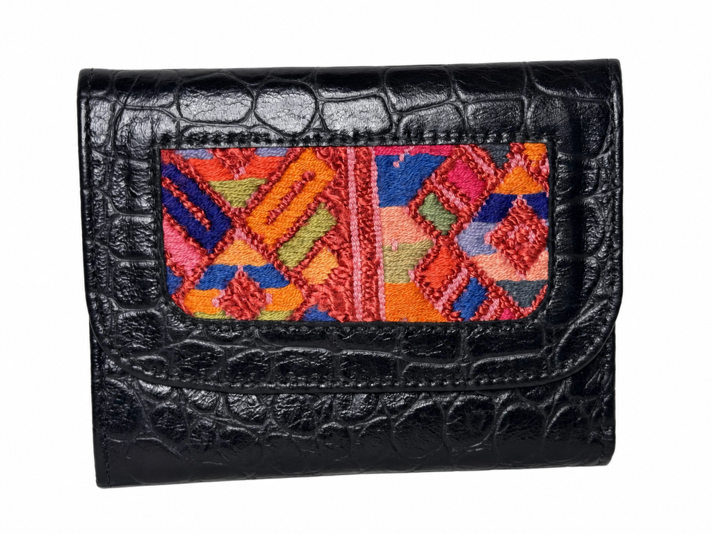 Trifold Leather Wallet With Guatemalan Textiles