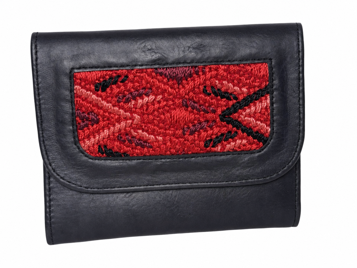 Trifold Leather Wallet With Guatemalan Textiles