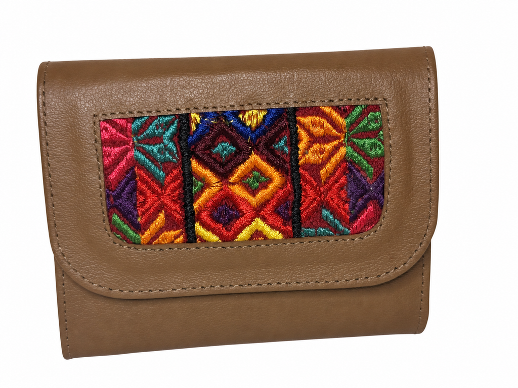 Trifold Leather Wallet With Guatemalan Textiles