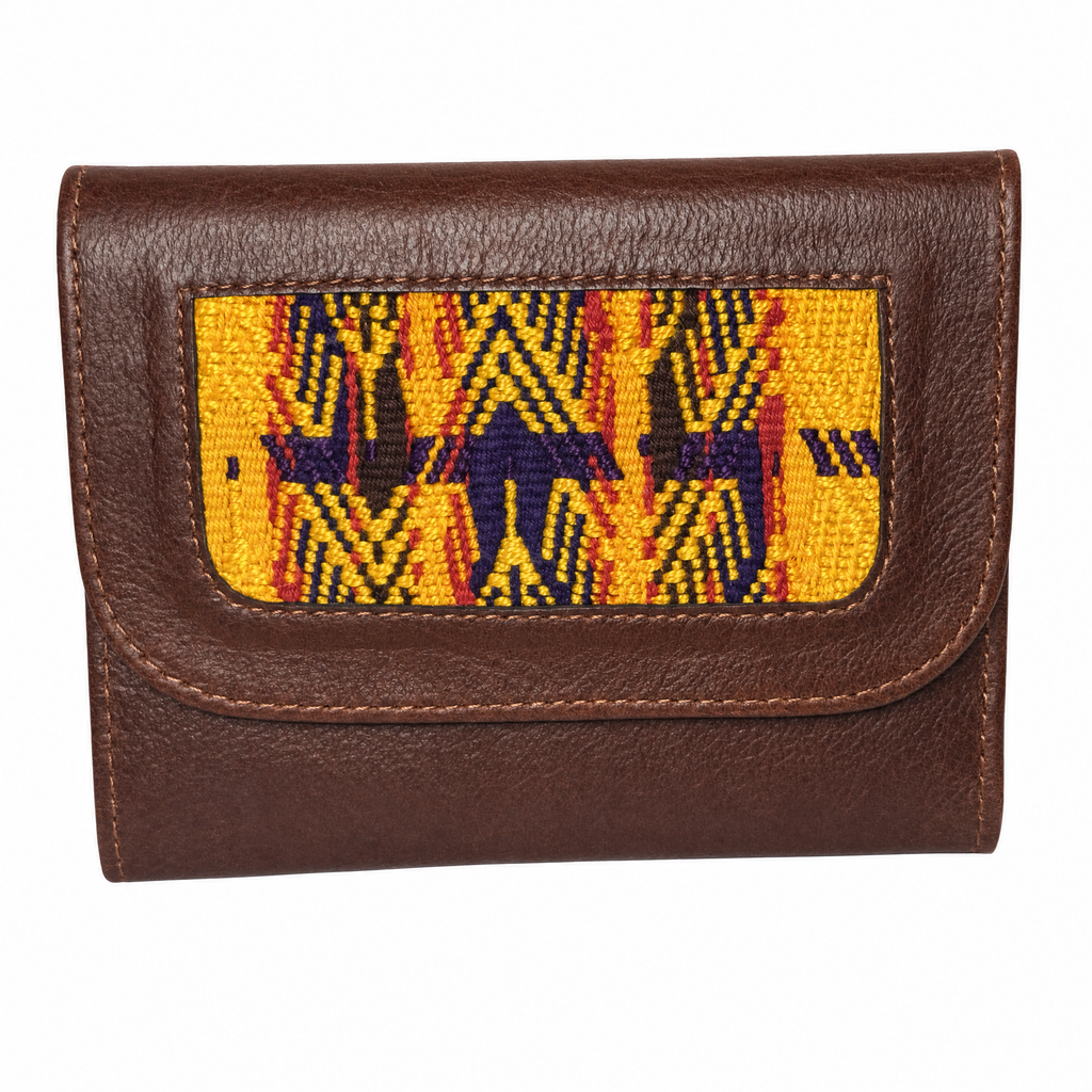 Trifold Leather Wallet With Guatemalan Textiles