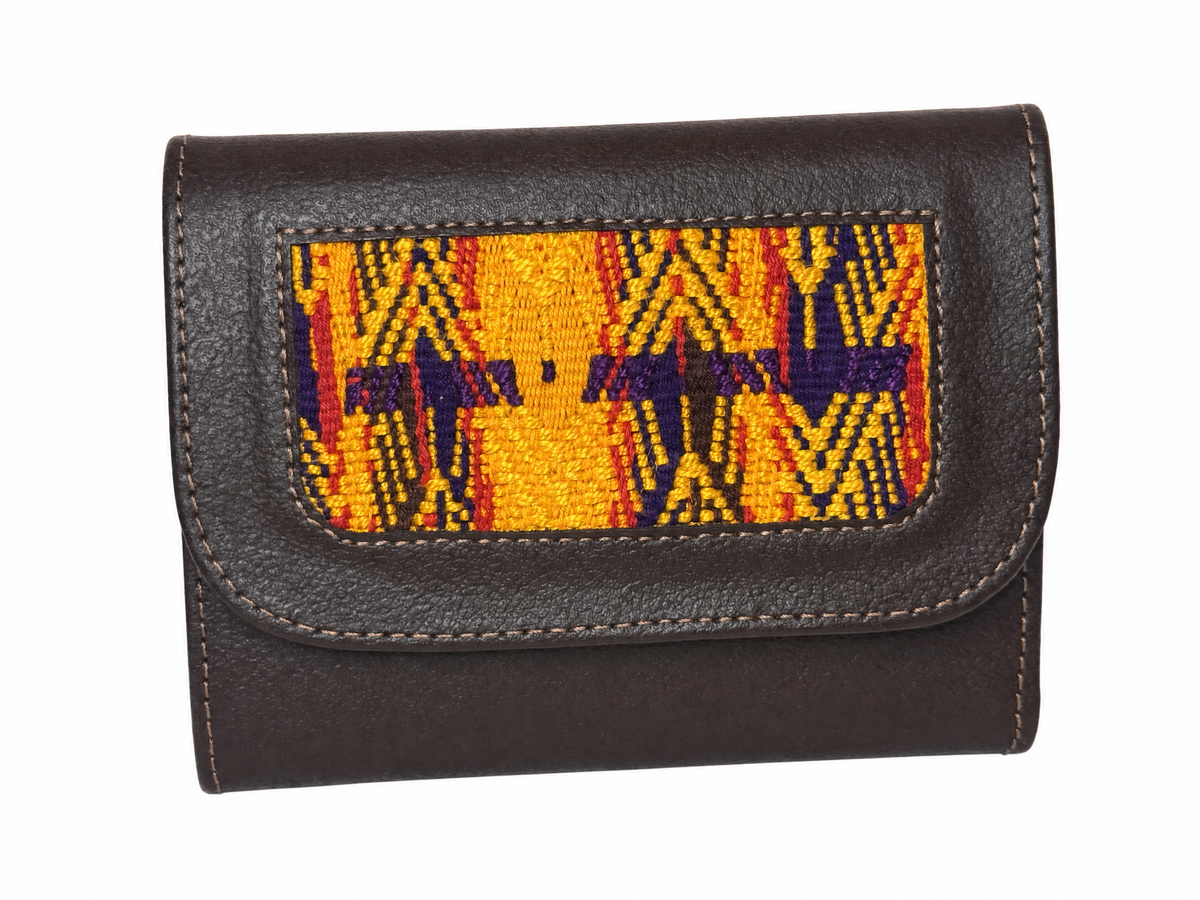 Trifold Leather Wallet With Guatemalan Textiles