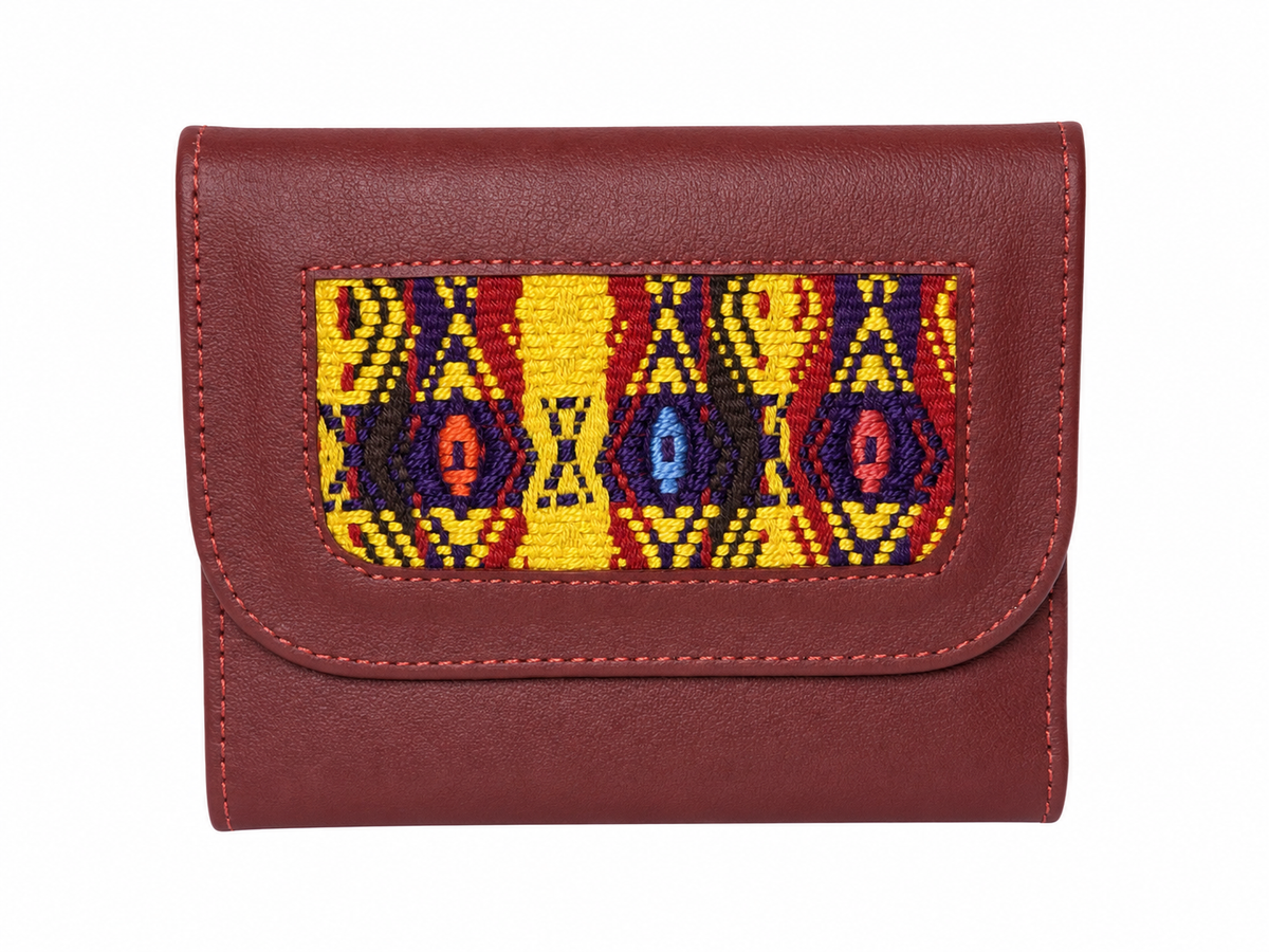 Trifold Leather Wallet With Guatemalan Textiles