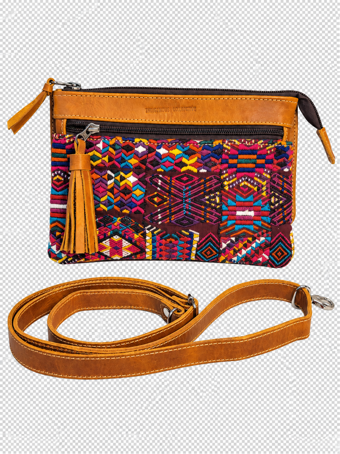 Easy Access Crossbody in leather with Guatemalan textile detail