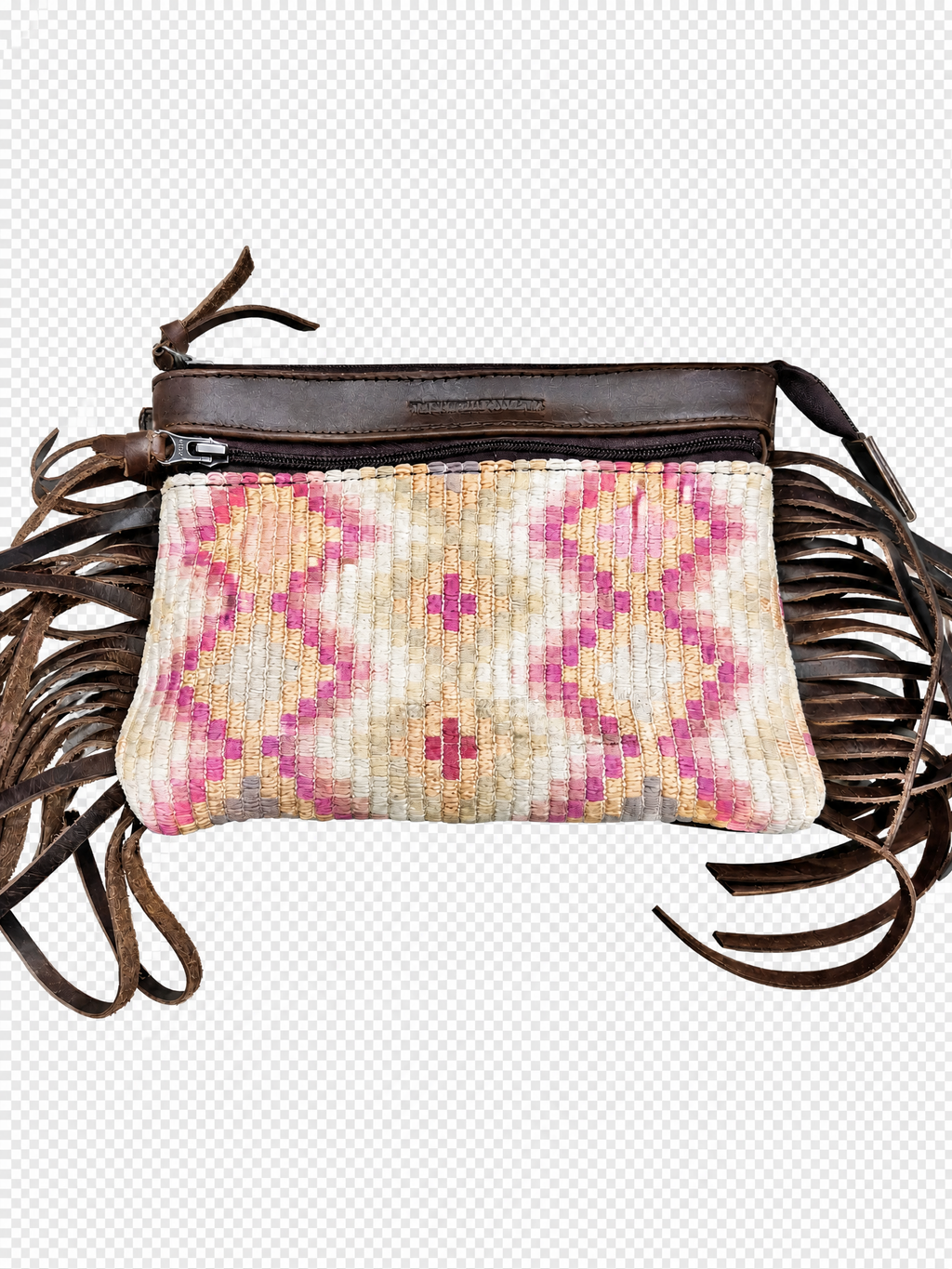 Easy Access with Fringe crossbody in brown leather and Guatemalan textile