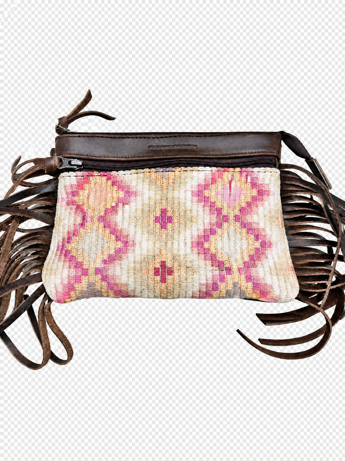 Easy Access with Fringe crossbody in brown leather and Guatemalan textile