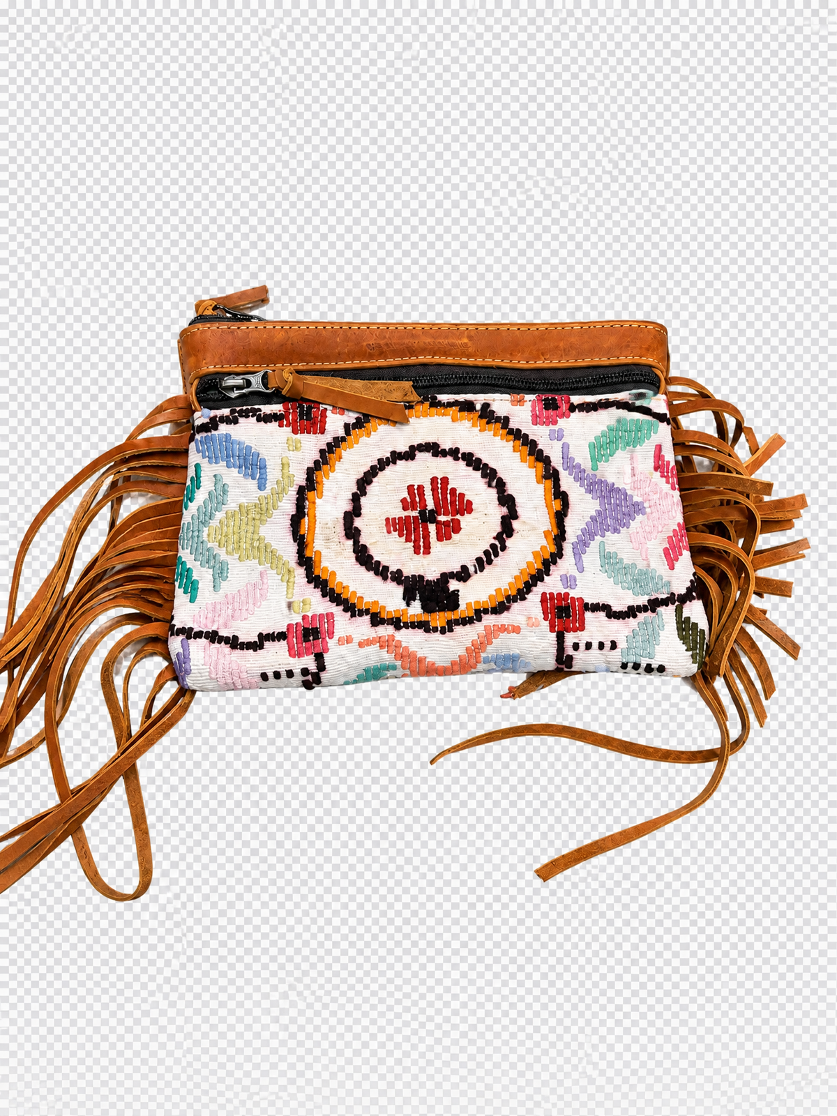 Easy Access with Fringe crossbody in cognac leather and Guatemalan textile