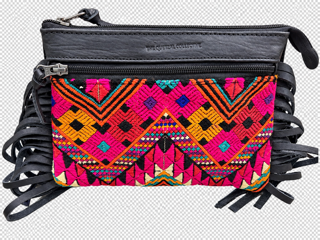 Easy Access with Fringe crossbody alternate view in leather and Guatemalan textile