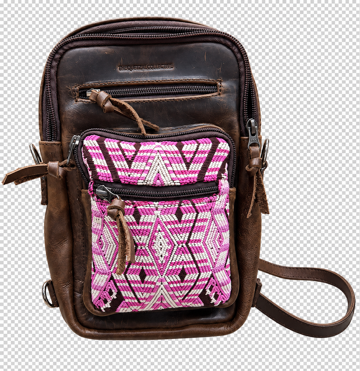 Front Mini Backpack in leather with Guatemalan textile detail