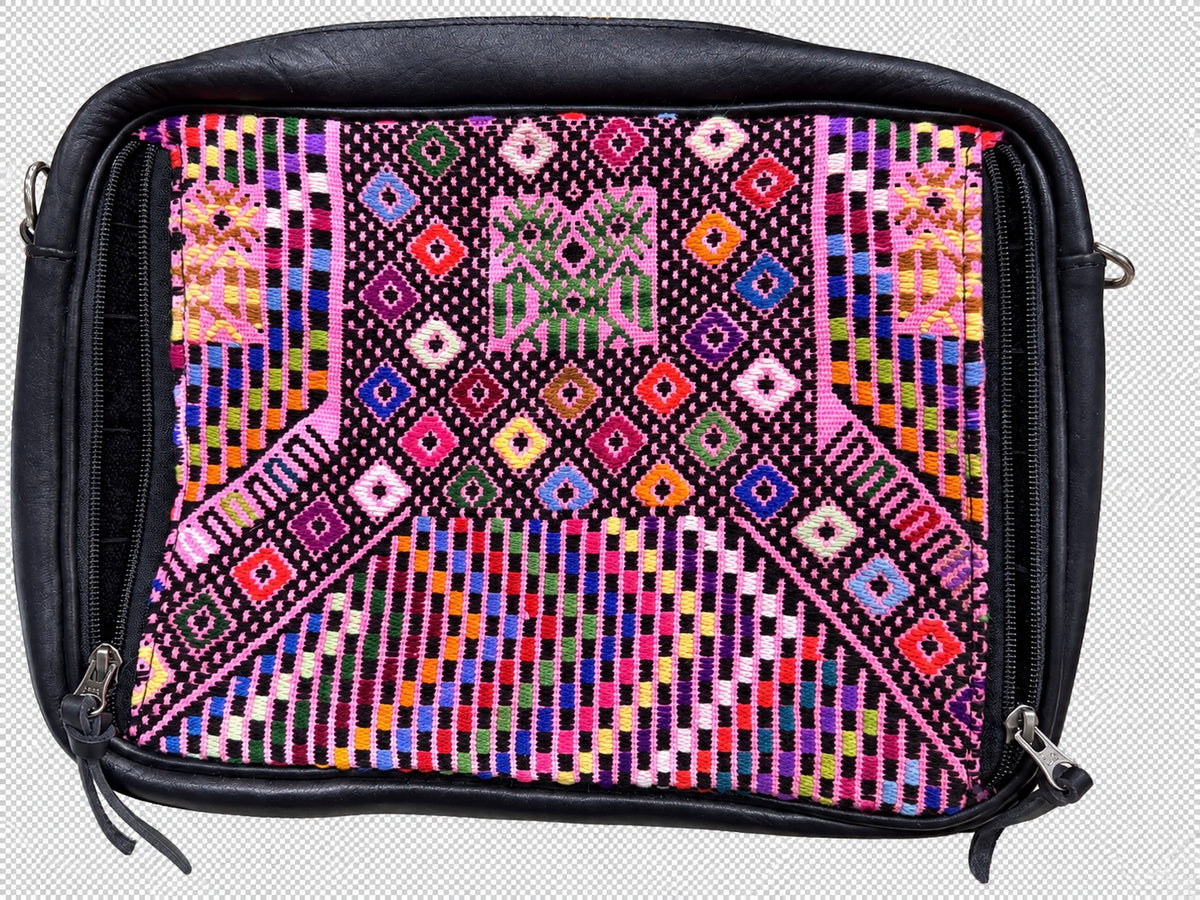 Rectangular Tote in leather with Guatemalan textile detail