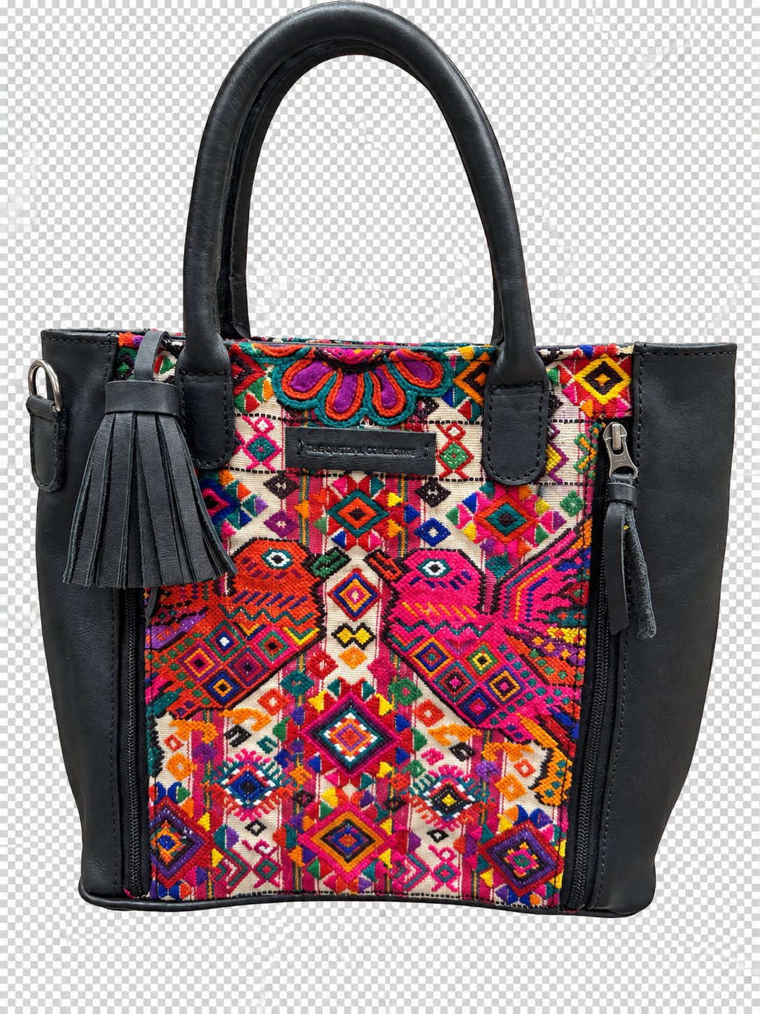 Shoulder Bag in leather with Guatemalan textile detail